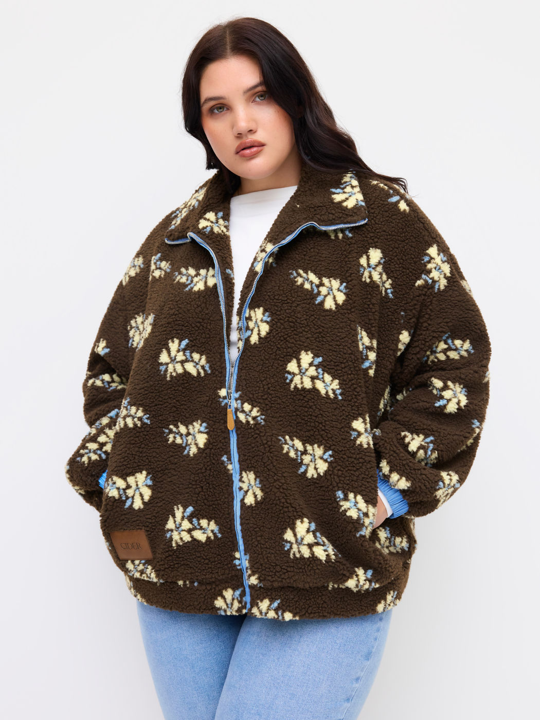 Cider Fleece Floral Zip Through Oversized Jacket Curve & Plus
