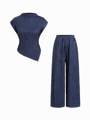 Stand Collar Asymmetrical Hem Texture Top & Mid Rise Straight Leg Trousers Set