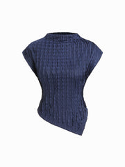 Stand Collar Asymmetrical Hem Texture Top & Mid Rise Straight Leg Trousers Set