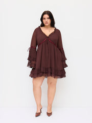 Chiffon V-neck Lettuce Trim Bowknot Ruffle Mini Dress Curve & Plus