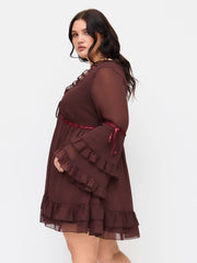Chiffon V-neck Lettuce Trim Bowknot Ruffle Mini Dress Curve & Plus
