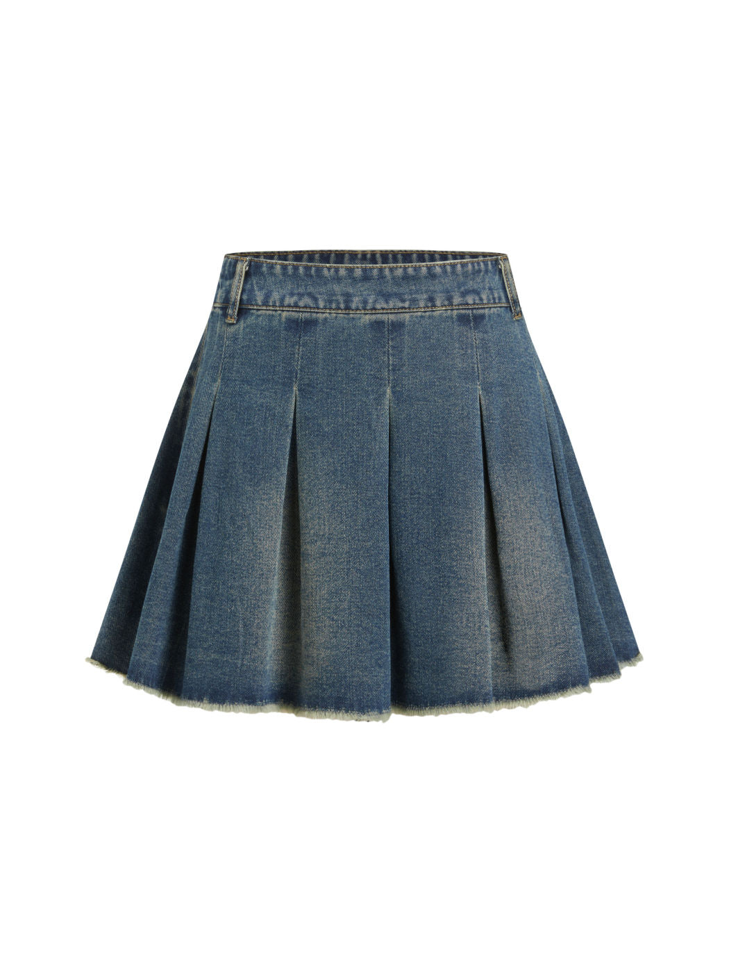 Denim High Waist Pleated Raw Hem Mini Skirt