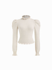 Knit High Neck Puff Sleeve Lettuce Trim Top