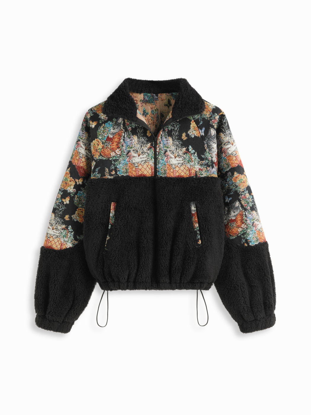 Fleece Collar Floral Cat Knotted Sweatshirt