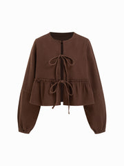 Denim Round Neckline Tie Front Ruffle Hem Jacket