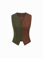 Plaid Two Tone V-neck Button Blazer Vest