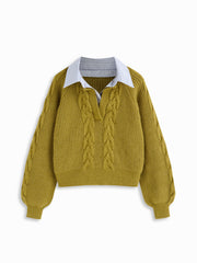 Cable Knit Collar Two Tone Long Sleeve Top