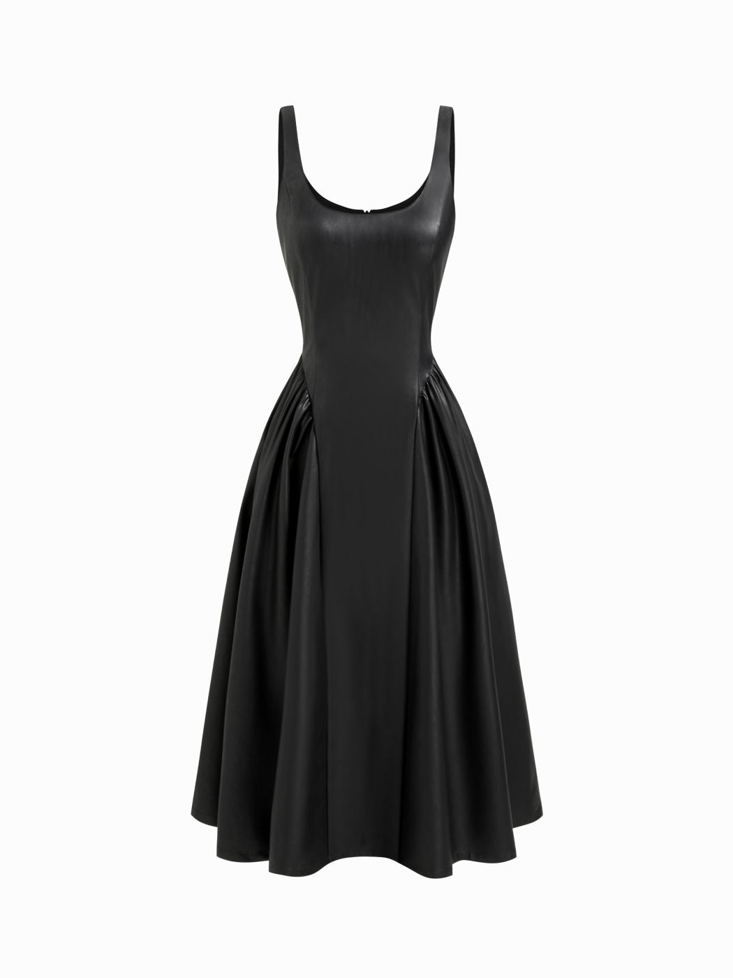 Faux Leather Scoop Neckline Ruffle A-line Midi Cami Dress