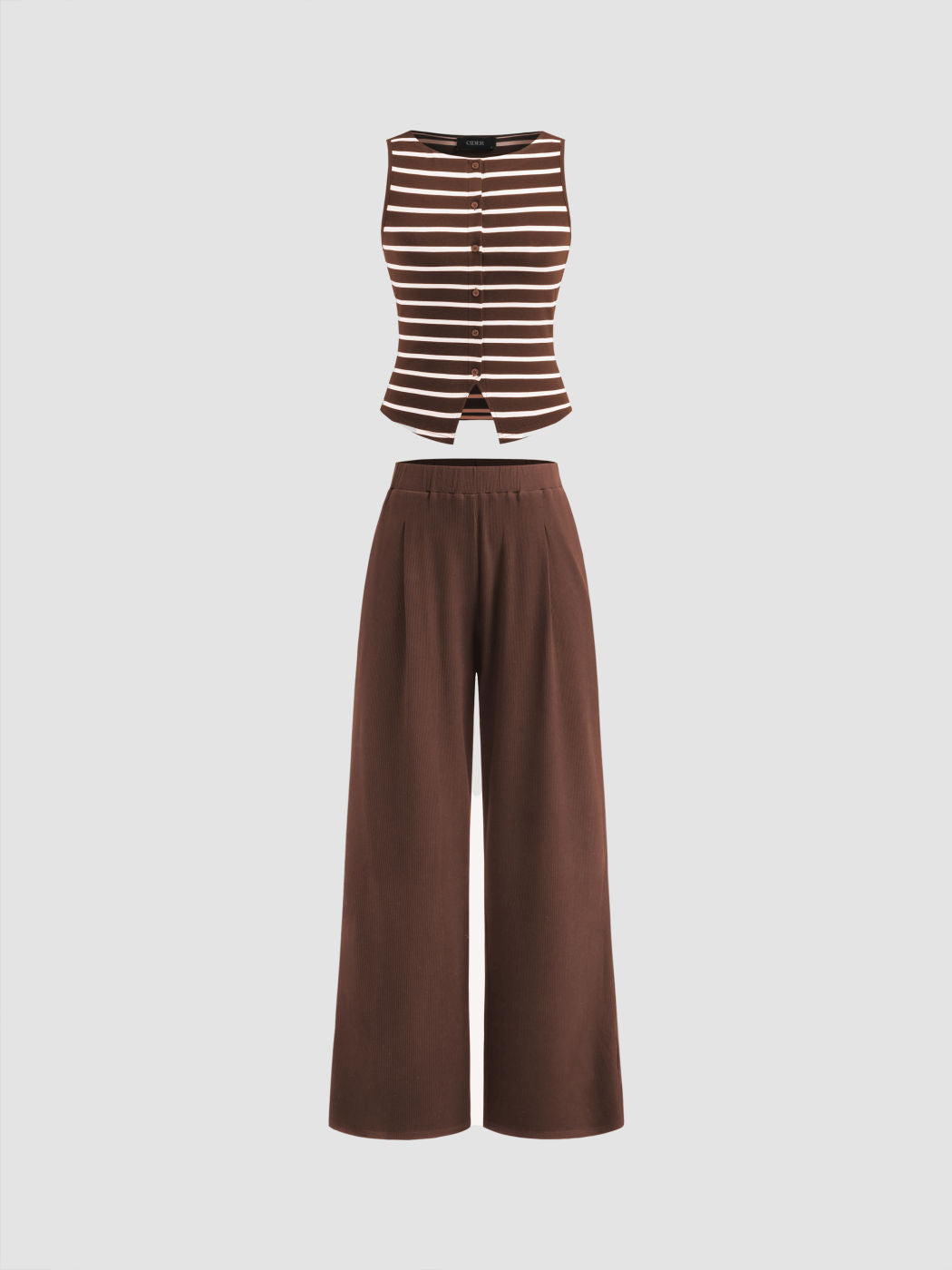 Striped Round Neckline Split Tank Top & Mid Rise Straight Leg Trousers Set