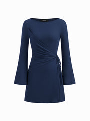 Boat Neck Wrap Ruched Knotted Bell Sleeve Mini Dress