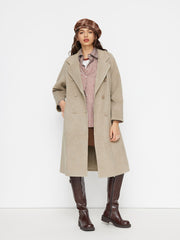 Double-Faced Wool-look Notched Collar Double Breasted Longline Coat With Belt