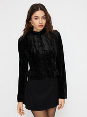 Velvet Stand Collar Lettuce Trim Long Sleeve Jacket