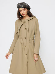 Hooded Round Neckline Drawstring Knotted Oversized Trench Coat