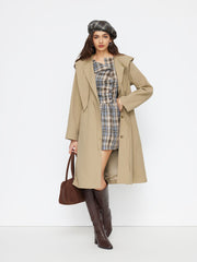 Hooded Round Neckline Drawstring Knotted Oversized Trench Coat
