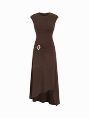 Round Neckline Metal Detail Ruched Asymmetrical Hem Maxi Dress