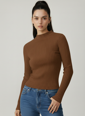 Rib Knit Stand Neck Solid Long Sleeve Top
