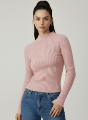 Rib Knit Stand Neck Solid Long Sleeve Top