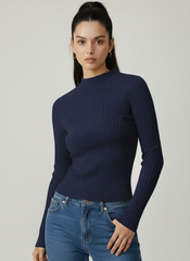 Rib Knit Stand Neck Solid Long Sleeve Top