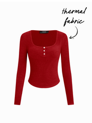 Thermal Cotton-blend  Scoop Neckline Long Sleeve Curved Hem Tee