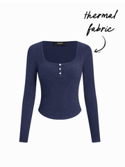 Thermal Cotton-blend  Scoop Neckline Long Sleeve Curved Hem Tee