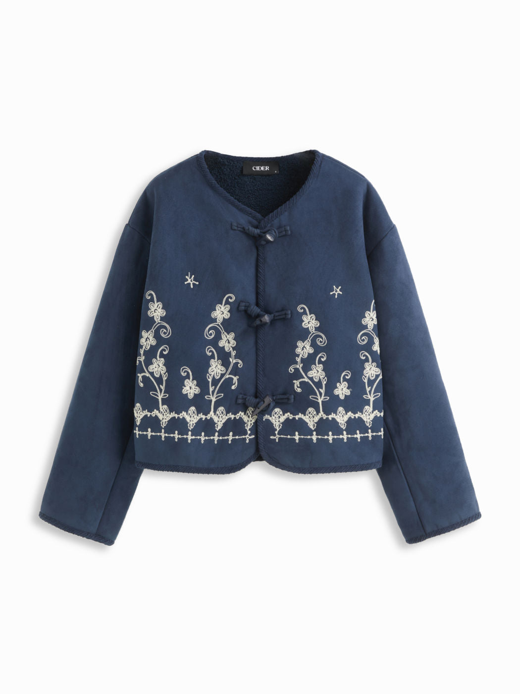 Fleece Round Neckline Floral Embroidery Toggle Button Jacket