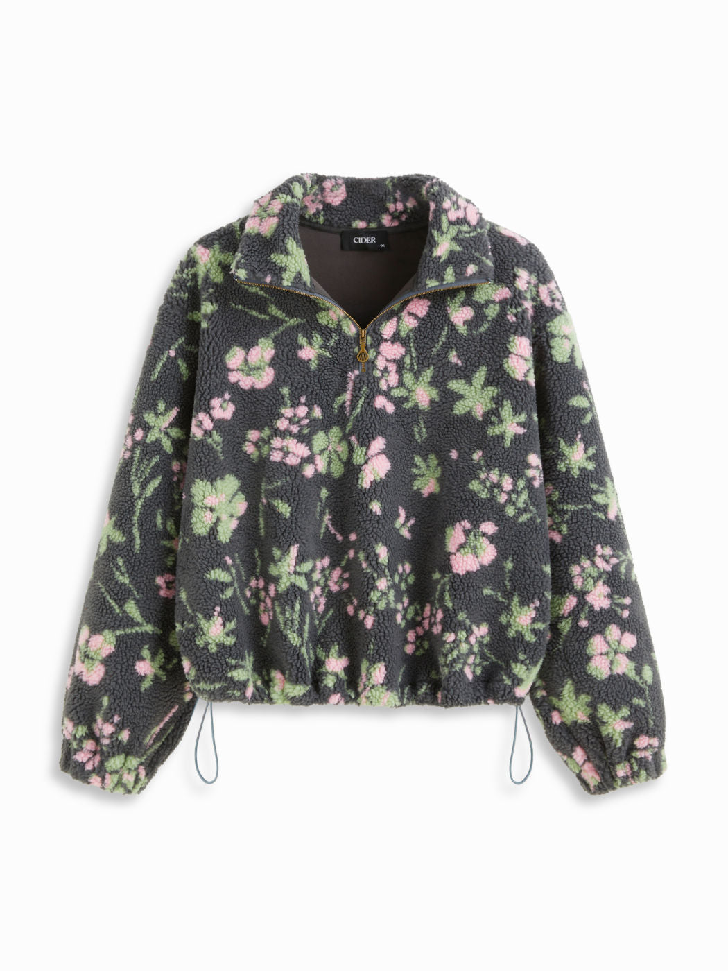 Faux Fur Stand Collar Floral Drawstring Zip Through Oversized Sweatshirt Curve & Plus