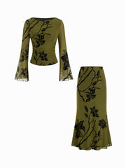 Mesh Floral Boat Neck Bell Sleeve Top & Mid Rise Mermaid Maxi Skirt Set