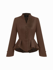 V-neck Button Split Peplum Long Sleeve Jacket