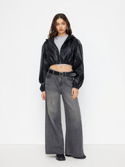 Faux Leather Hooded Drawstring Zip Through Crop Jacket