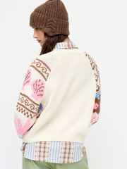 Knit Round Neck Fish Pattern Colorblock Button Oversized Cardigan