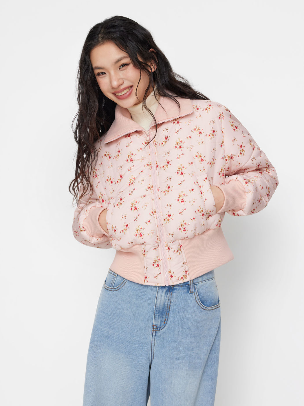 Collar Ditsy Floral Zip Through Jacket
