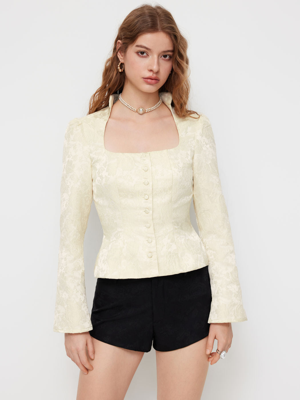 Jacquard Scoop Neckline Floral Long Sleeve Blouse
