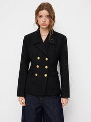 Notched Collar Long Sleeve Double Breasted Metal Button Blazer