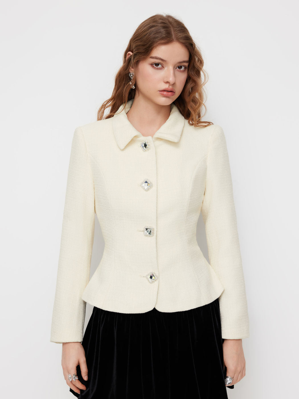 Collar Rhinestone Button Long Sleeve Jacket
