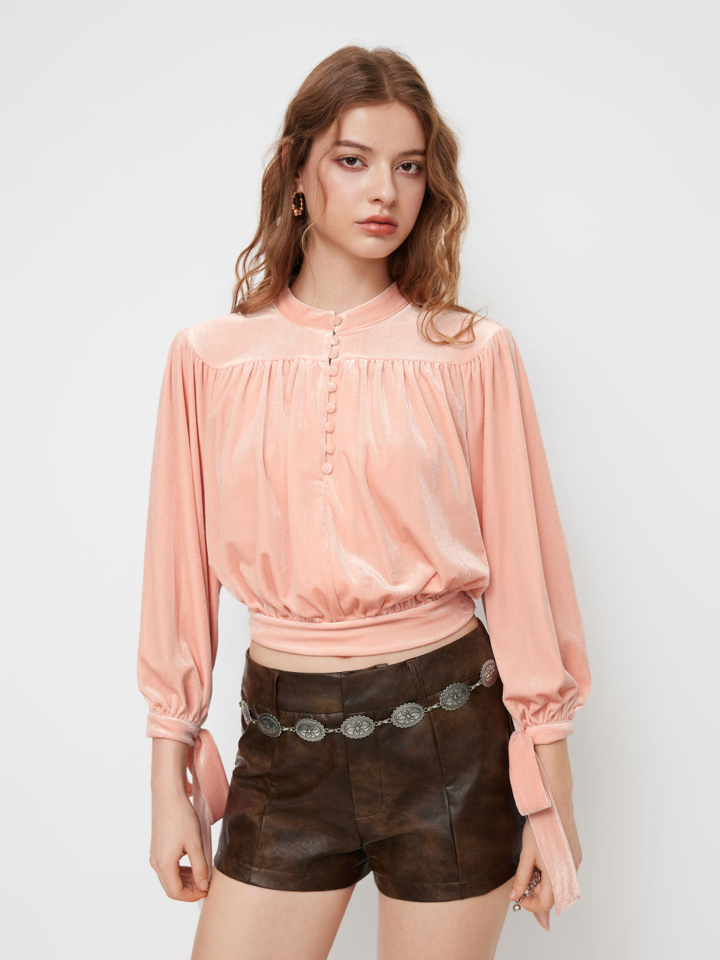 Velvet Stand Collar Knotted Long Sleeve Top