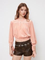 Velvet Stand Collar Knotted Long Sleeve Top