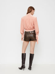 Velvet Stand Collar Knotted Long Sleeve Top