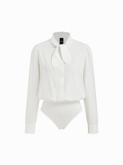 Stand Collar Long Sleeve Knotted Button Shirt Bodysuit