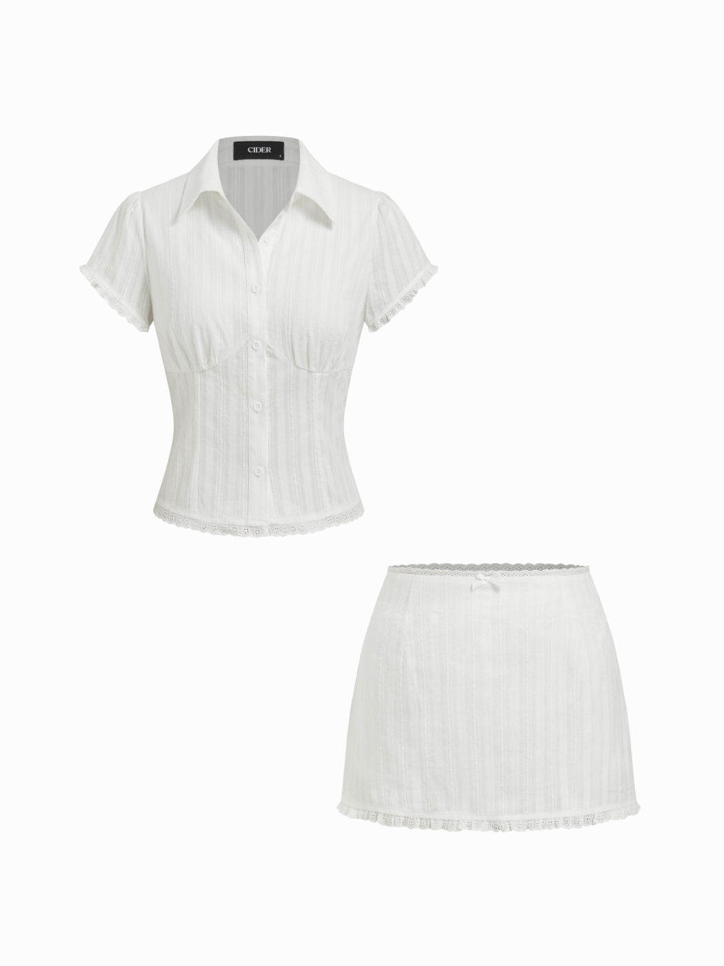 Cotton Plaid Collar Short Sleeve Blouse & Mid Rise Lace Trim Bowknot Mini Skirt Set