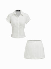 Cotton Plaid Collar Short Sleeve Blouse & Mid Rise Lace Trim Bowknot Mini Skirt Set