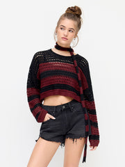 Knit Stripe Hollow Out Crop Top With Scarf