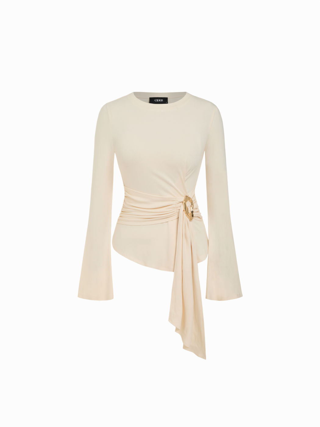 Round Neckline Ruched Metal Detail Long Sleeve Tee