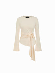 Round Neckline Ruched Metal Detail Long Sleeve Tee