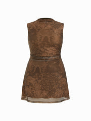 Mesh Stand Collar Floral Ruched Mini Dress Curve & Plus