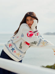 Knit Round Neckline Sea Animal Graphic Oversized Long Sleeve Top