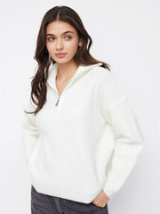 Wool-blend Collar Solid Zipper Knitted Sweater