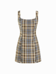 Scoop Neckline Checks Zipper Mini Dress