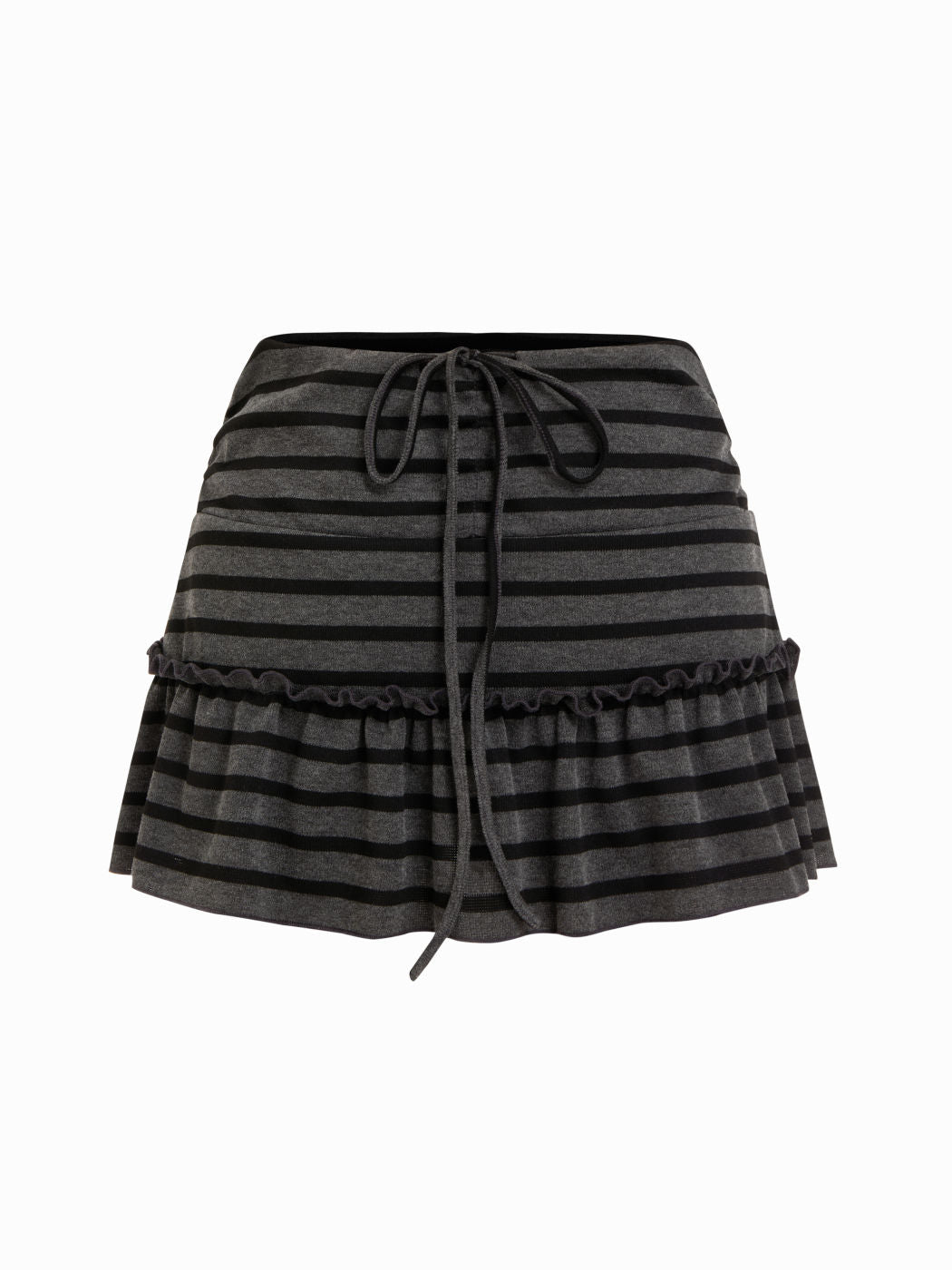 Mid Rise Striped Drawstring Lettuce Trim Peplum Mini Skort