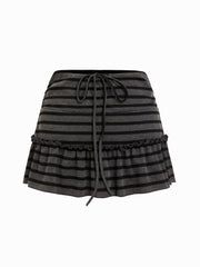 Mid Rise Striped Drawstring Lettuce Trim Peplum Mini Skort