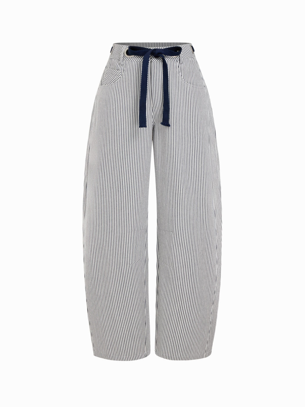 Cotton-blend Mid Rise Striped Drawstring Barrel-leg Trousers